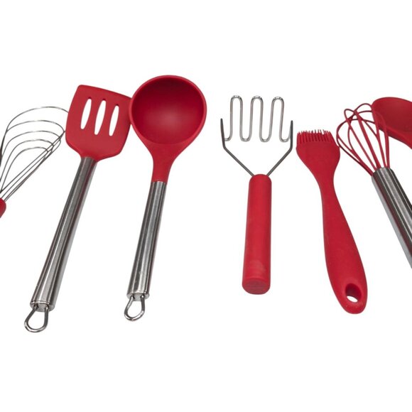 Kitchen Tool LOT OF 9 Red Silicon Tongs Wisk Ladle Spoon Brush Potato Masher - Picture 9 of 10